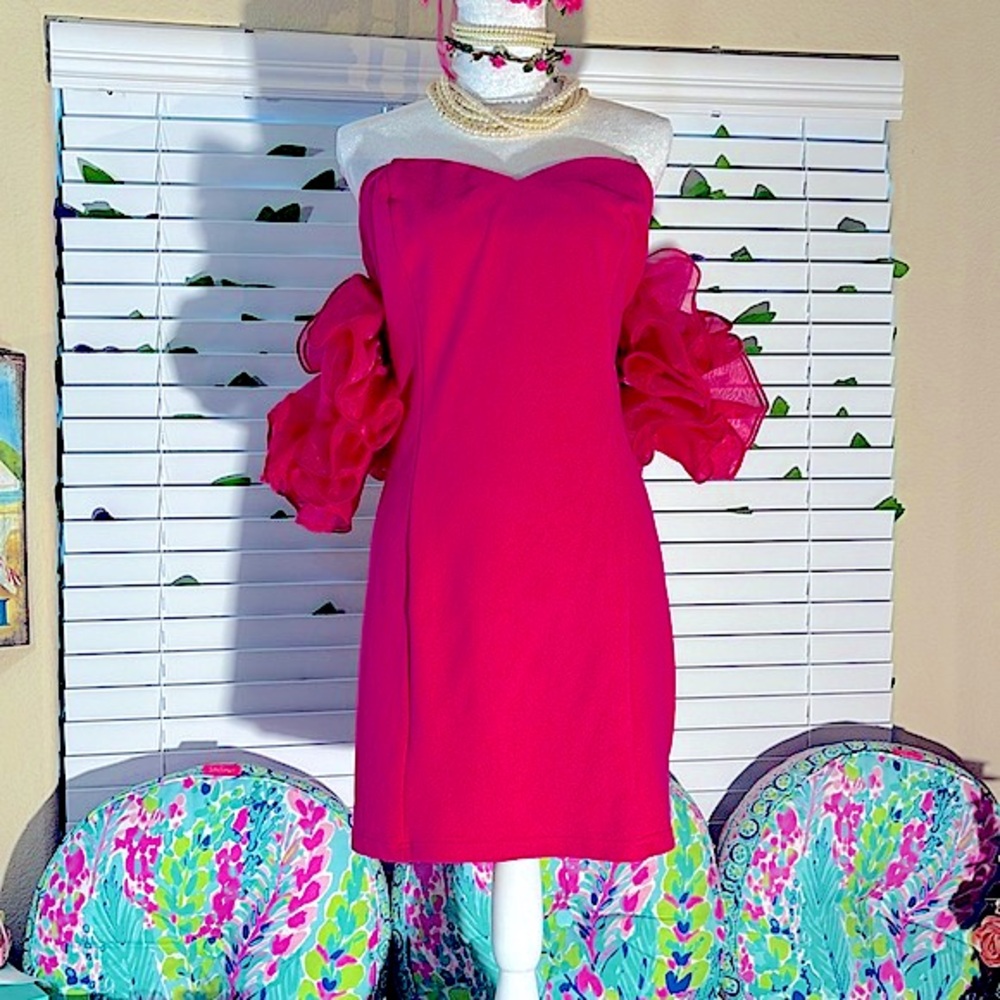 Fashion Nova hot pink strapless dress with sheer ruffle sleeves